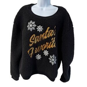 Christmas Santa's Favorite Black Sherpa Snowflake Sequin Holiday Sweatshirt XXL